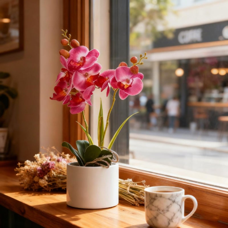 Jusdreen Artificial Purple Orchid, Phalaenopsis in Ceramic Pot with Vase for Home Office Table Decor, Flower Centerpiece - Image 5